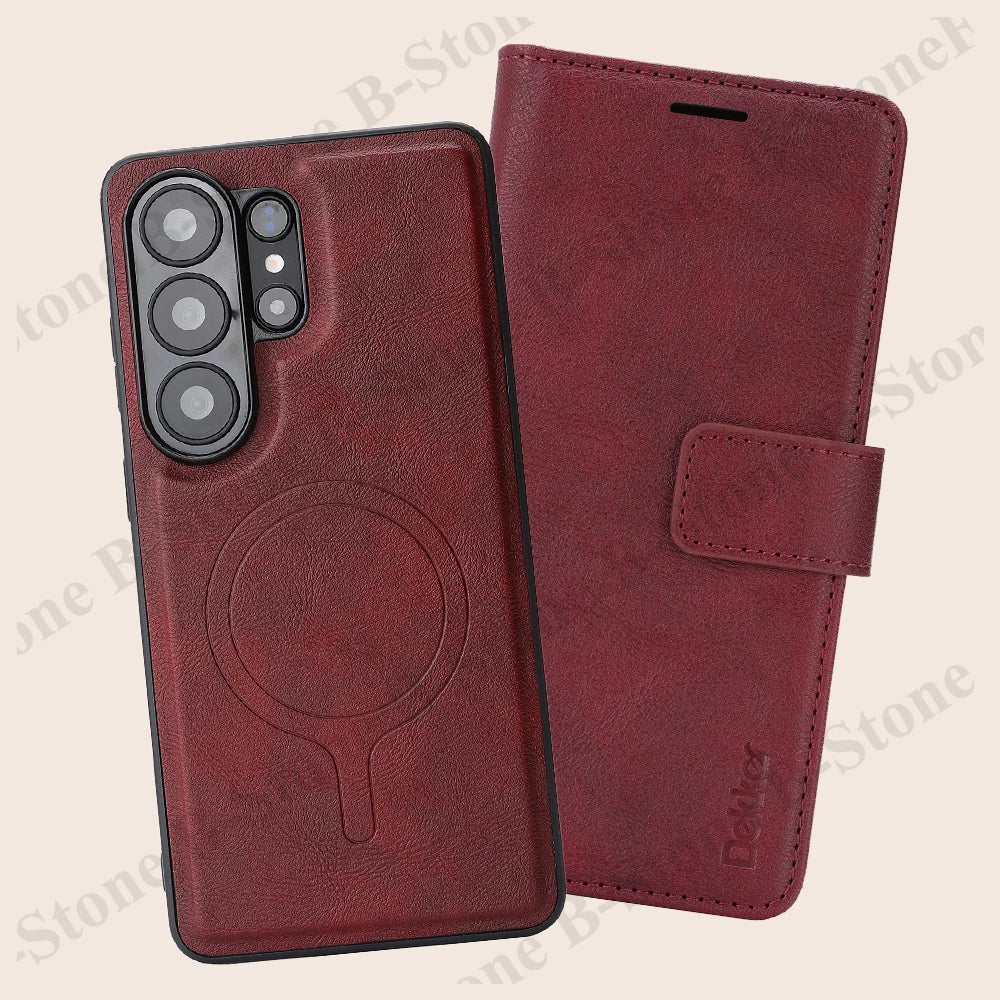 2 In 1 Leather Flip Case for Samsung Galaxy S26 Ultra 25 Plus S24 S23 S26U Wireless Charging Magnetic Cash Card Slots Phone Case