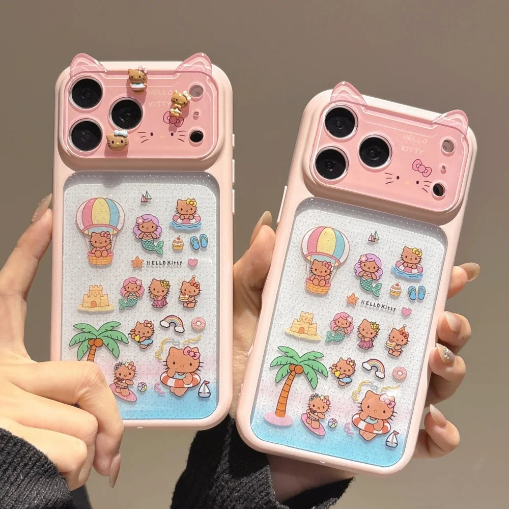 Cute 3D Cat Ears Beach Hello Kittty Lens Protection Phone Case For iPhone 17 Pro Max 16 15 Pro Max Shockproof Hard Acrylic Cover