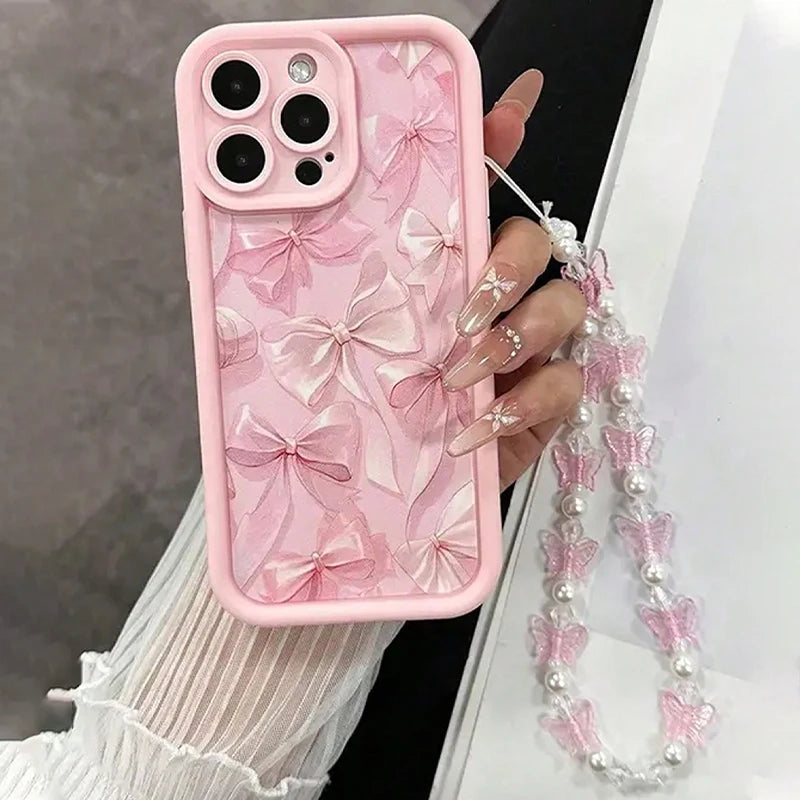 Luxury Pink Bowknot Pattern Phone Case For iPhone 17 Air 16 15 14 13 12 11 Pro Max 16E 7 8 Plus With Lanyard Lanyard Rope Cover