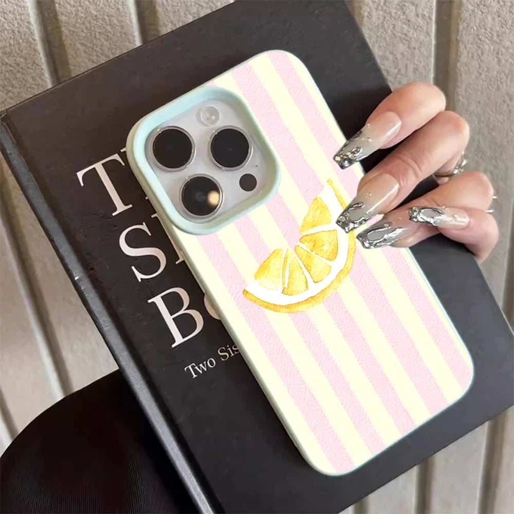 Fresh Lemon Striped Phone Case For iPhone 17 16 15 14 13 12 11 Pro Max For iPhone Air 16 15 14 Plus XR XS X Lychee Soft Cover