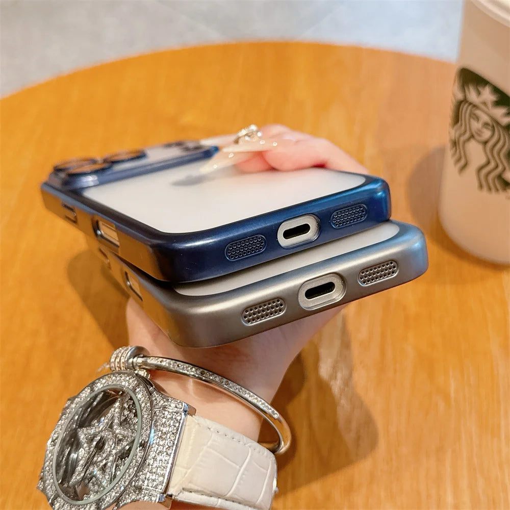 Luxury Frosted Transparent Matte Phone Case For iPhone 16 15 17 Pro Max Air 14 13 12 11 Metallic Color Frame Protection Cover