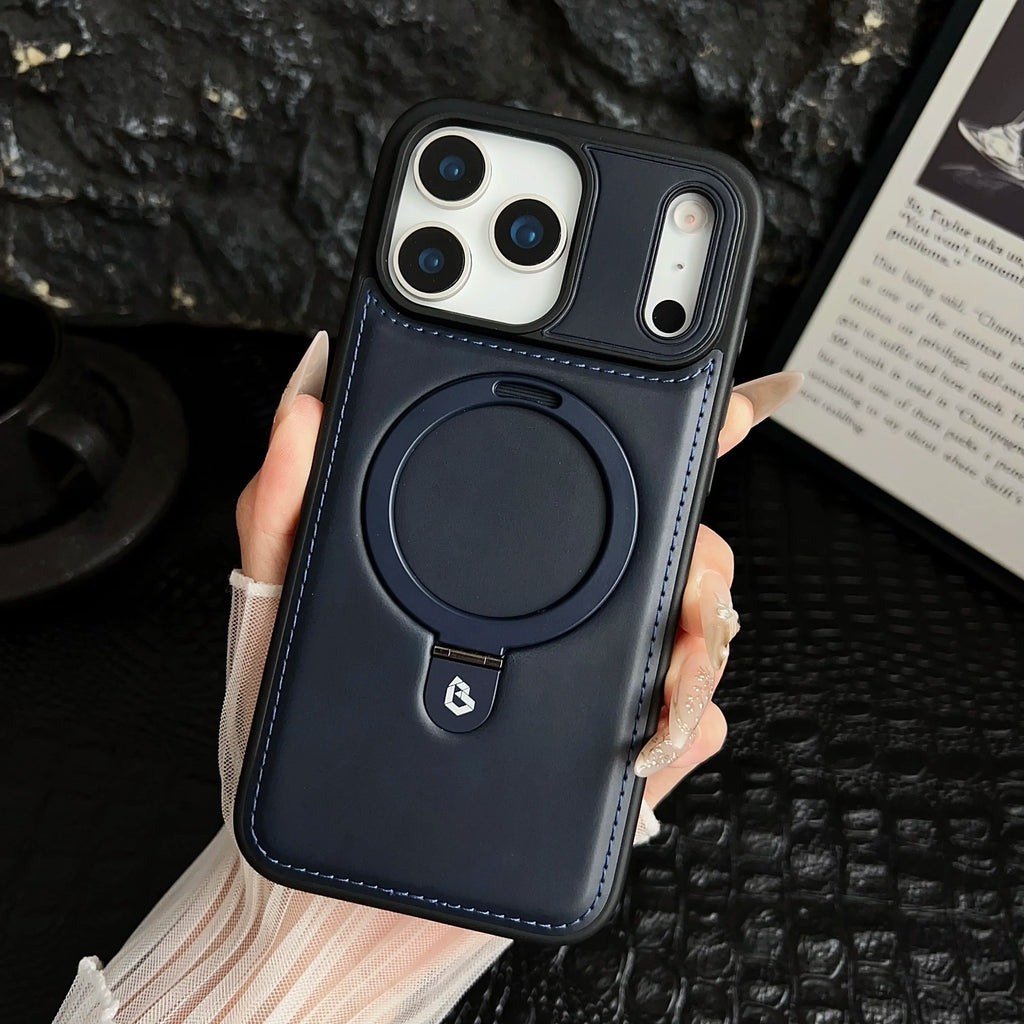 Luxury Magnetic Bracket Ring PU Leather Phone Case, For IPhone 17 16 15 Pro Max Air Magsafe Wireless Charging Hollow Logo Cover