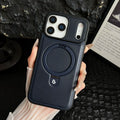 Luxury Magnetic Bracket Ring PU Leather Phone Case, For IPhone 17 16 15 Pro Max Air Magsafe Wireless Charging Hollow Logo Cover