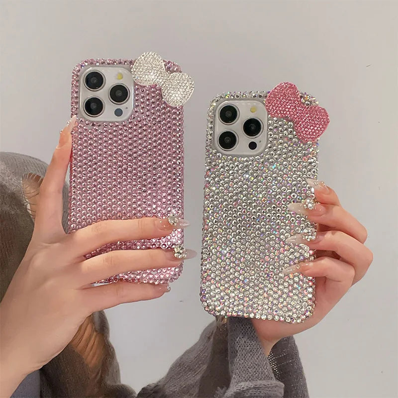 The Sparkling Diamond water diamond bow phone case is suitable for iPhone17pro 15, 14, 13, 16ProMax phone cases