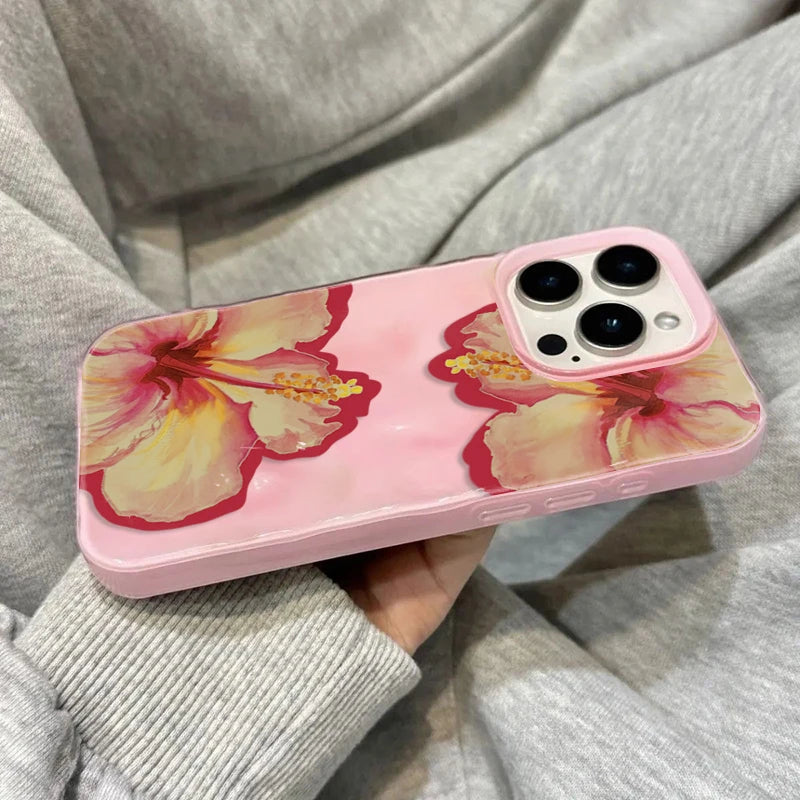 Elegant Pink Hibiscus Flower Folds Texture Phone Case For iPhone 16 17 Pro Max Air 15 14 13 12 11 16 15 Plus Cover Soft Funda