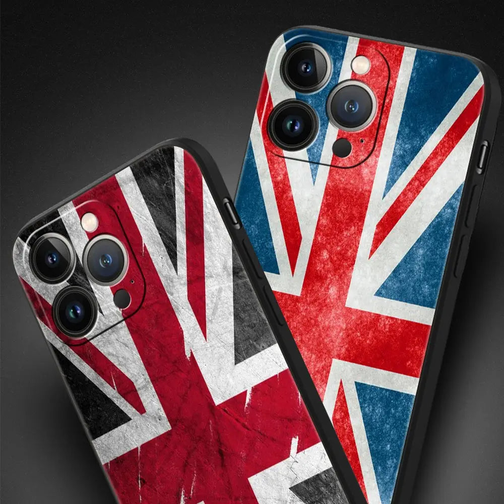 England UK flags Luxury Phone Case For iPhone 13 15 14 12 Mini 11 Pro MAX XR X SE XS 7 8 Plus Silicone Black Protection Cover
