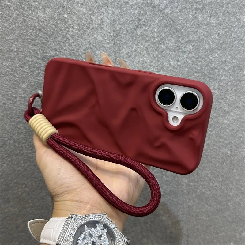 Luxury Wrinkle Matte Wrist Strap Case for iPhone 16 15 14 17 Pro Max Air 13 12 11 Lanyard Candy Solid Color Ripple Soft Cover