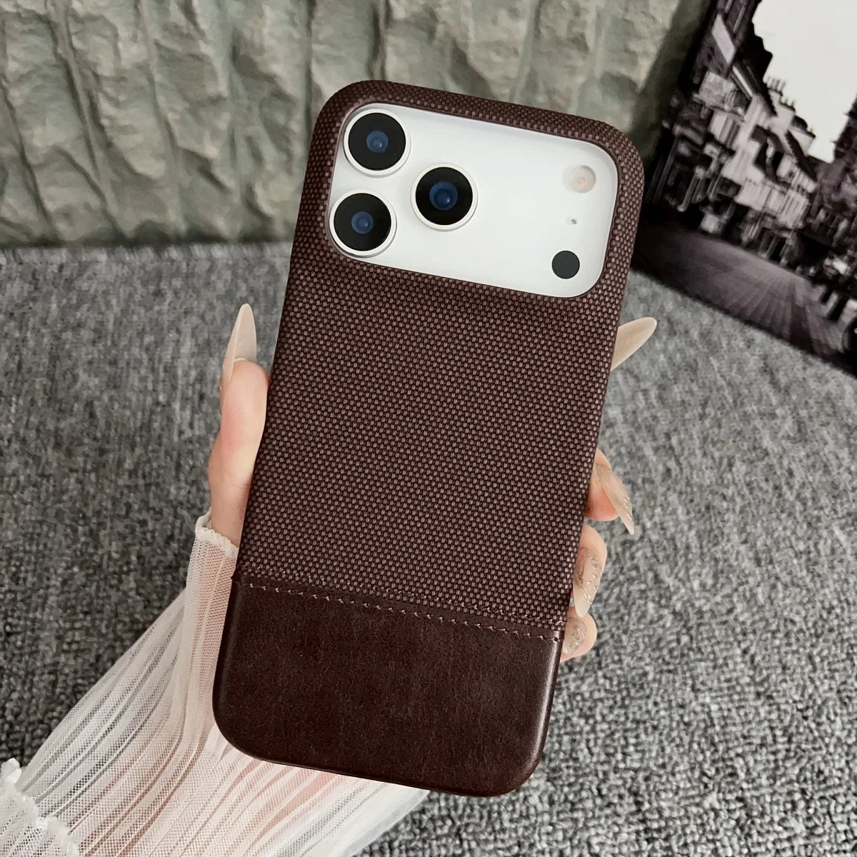 Business Splice Leather Nylon Fabric Case For iPhone 17 Air 16 15 14 Plus 13 12 Pro Max Frameless Cooling Matte Shockproof Cover