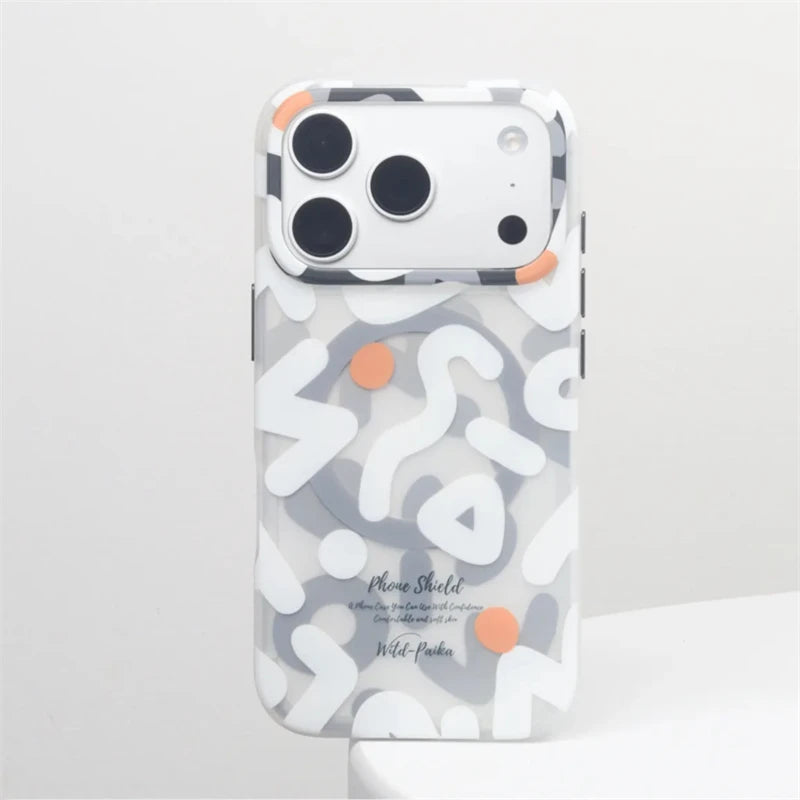 For MagSafe Geometric Graffiti Phone Case for iPhone 17 16 15 14 13 Pro Max Air Magnetic Wireless Charging Hard Shockproof Cover