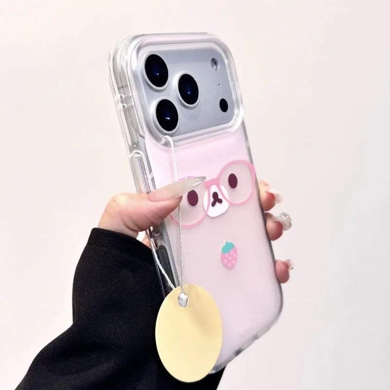 Cute Pink Strawberry Glasses Bear Phone Case For iPhone 11 12 13 14 15 16 17 Pro Max 16e 17 Air X XR XS 7 8 Plus Soft Back Cover