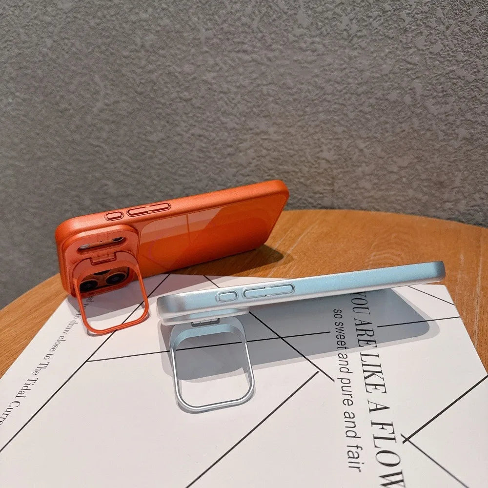 Luxury Glass Back Panel Camera Stand Holder For Magsafe Case For iPhone 17 Pro Max 11 12 14 13 15 16 Pro Shockproof Back Cover