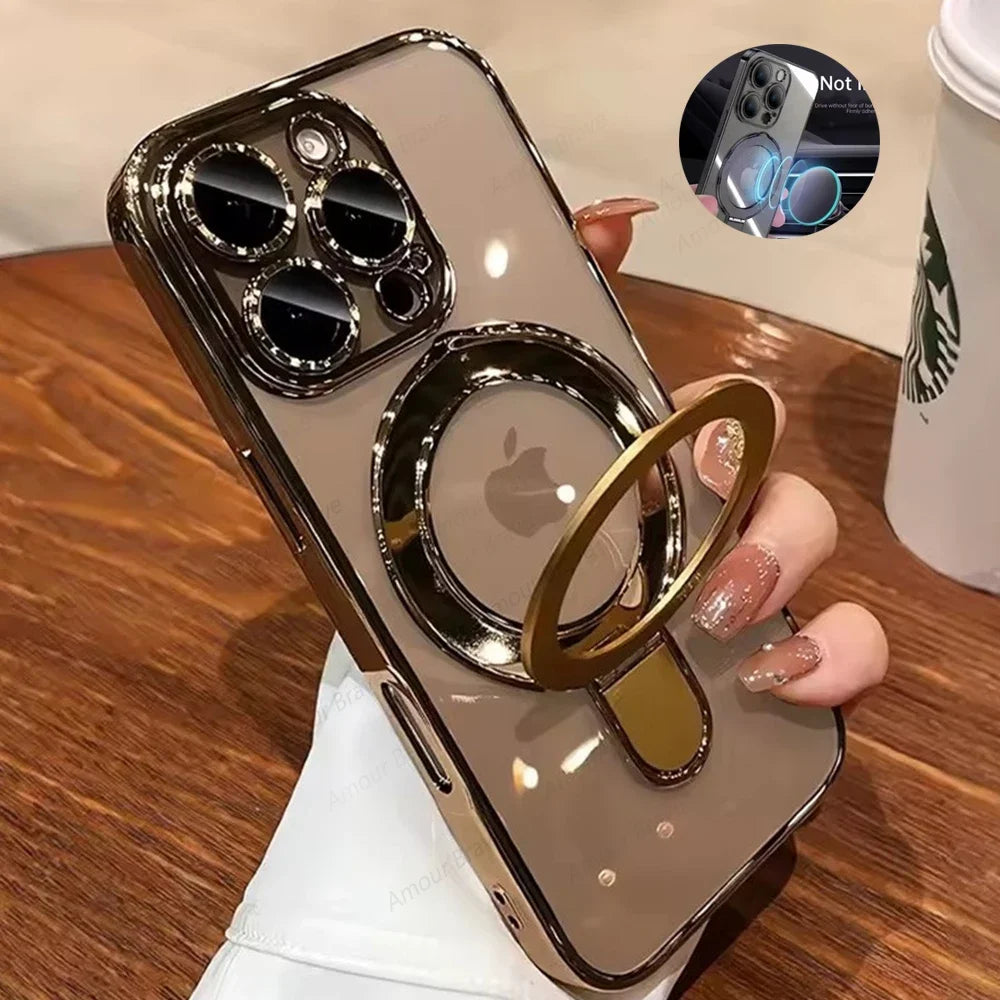 Luxury For Magsafe Bracket Case For iPhone 16 15 14 13 12 11 17 Pro Max 15 Plus Magnetic Ring Stand Holder Clear Acrylic Cover
