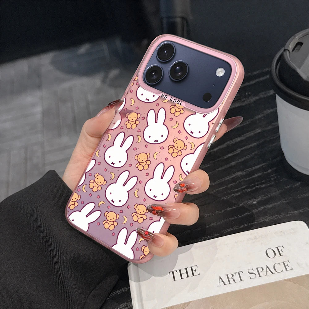 Cartoon Cute M-Miffy E Phone Case For iPhone 11 12 13 14 15 16 17 E Pro Max Plus Mini Electroplated Silver IMD Laser Pink Cover