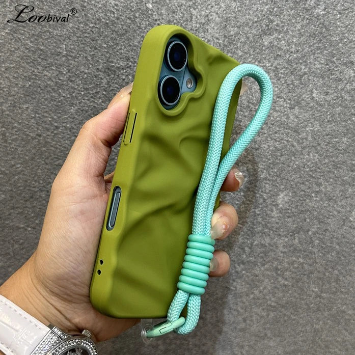 Luxury Wrinkle Matte Wrist Strap Case for iPhone 16 15 14 17 Pro Max Air 13 12 11 Lanyard Candy Solid Color Ripple Soft Cover