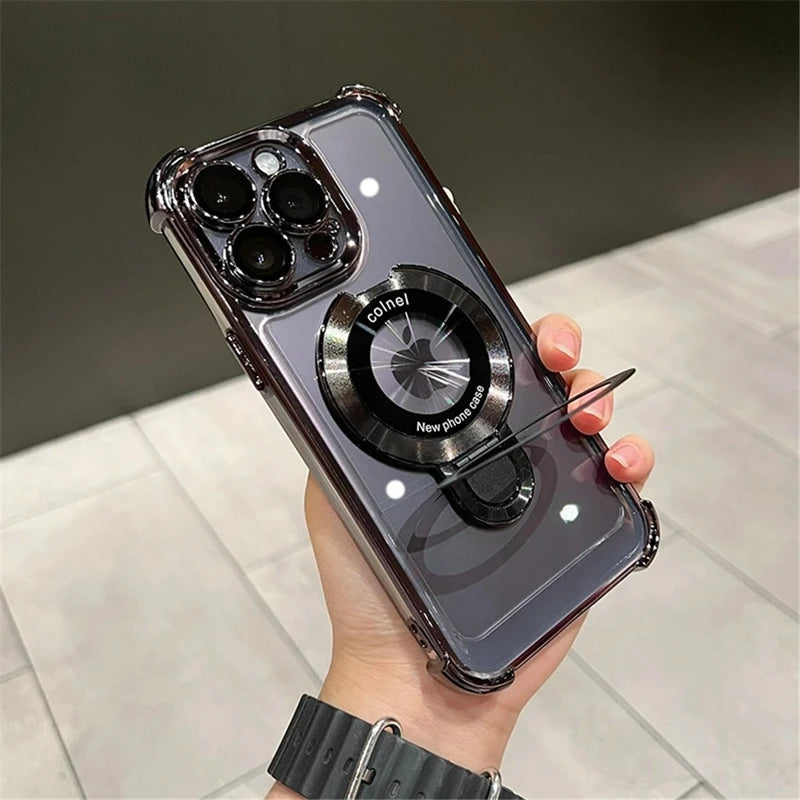 Luxury Shockproof For Magsafe Clear Case For iPhone 17 Pro Max Air 11 12 13 14 15 16 Plus Plating Magnetic Holder Stand Cover