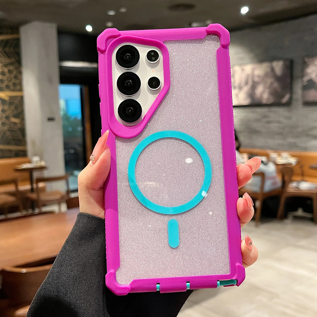 Shockproof Magnetic 2 in 1 Airbag Case For Samsung S25 S24 Plus S23 S22 S21 Note20 Ultra For Magsafe Glitter Clear Back Cover