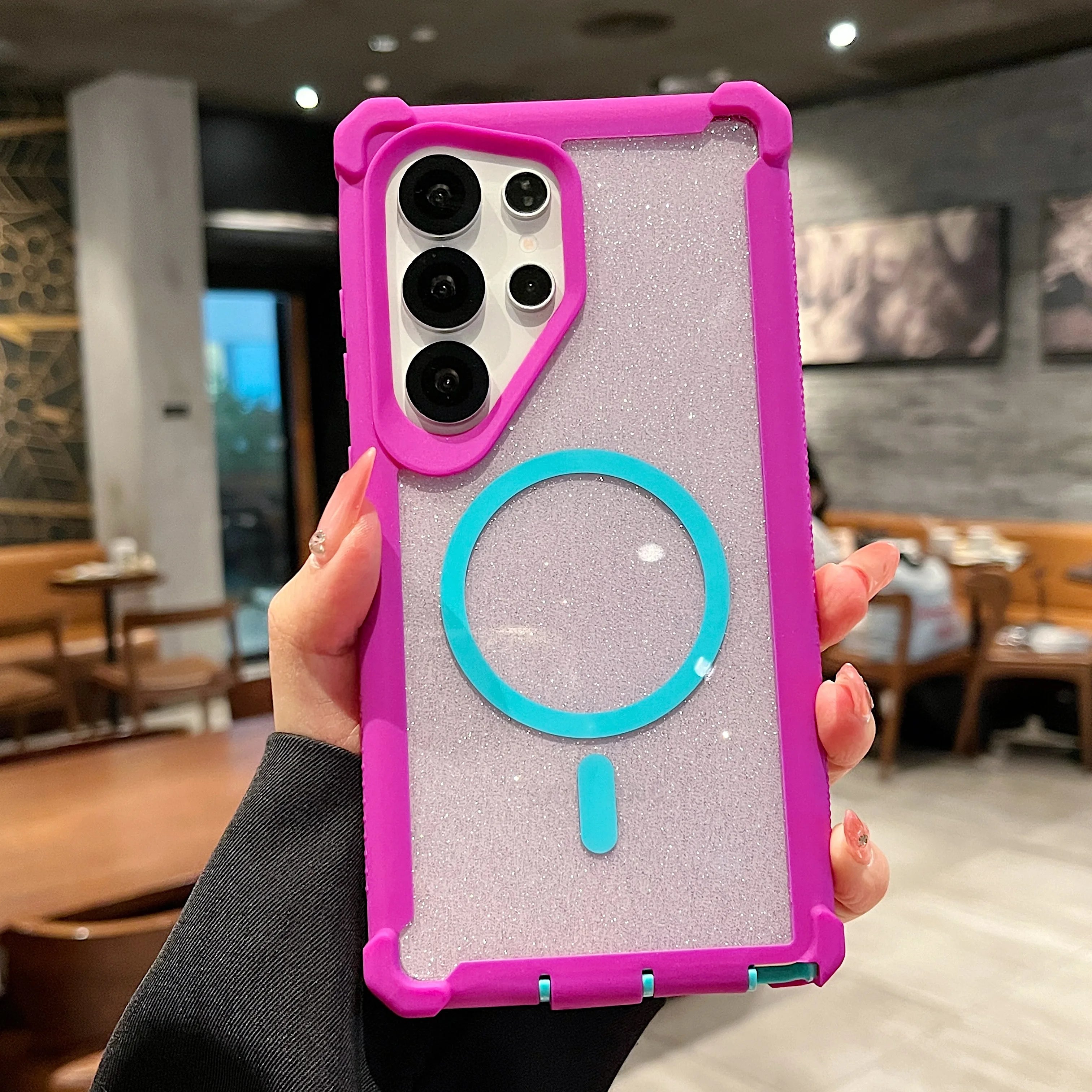 Shockproof Magnetic 2 in 1 Airbag Case For Samsung S25 S24 Plus S23 S22 S21 Note20 Ultra For Magsafe Glitter Clear Back Cover