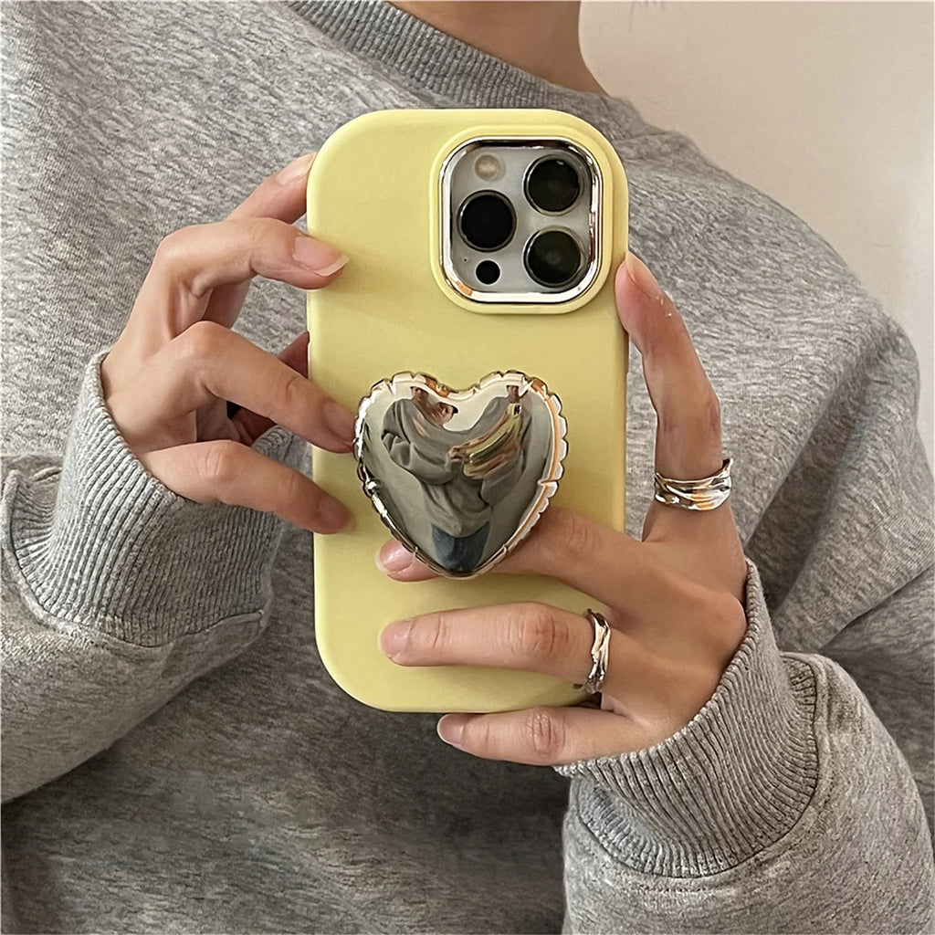 Senior Luxury Exquisite Yellow Phone Case with Bright Love Heart Bracket for iPhone 17 16 15 14 13 Pro Max Back Cover