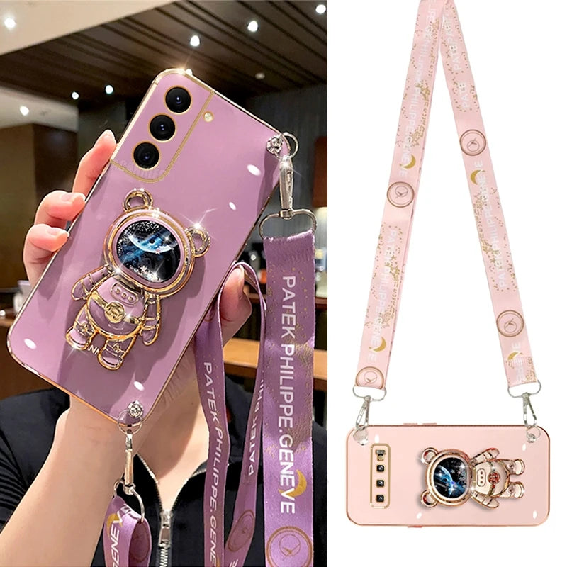 S 21 22 24 Crossbody Lanyard Plating Case For Samsung Galaxy S21 S22 S23 S24 Plus Ultra S20 Fe Silicone Stand Cover Note 10 20