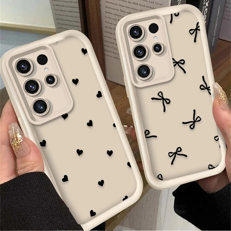 Black Love Heart Bowknot Phone Case for Samsung Galaxy S24 S25 S23 Ultra S22 S21 Plus FE A36 A56 A26 A16 A06 A15 A25 A35 A55 5G