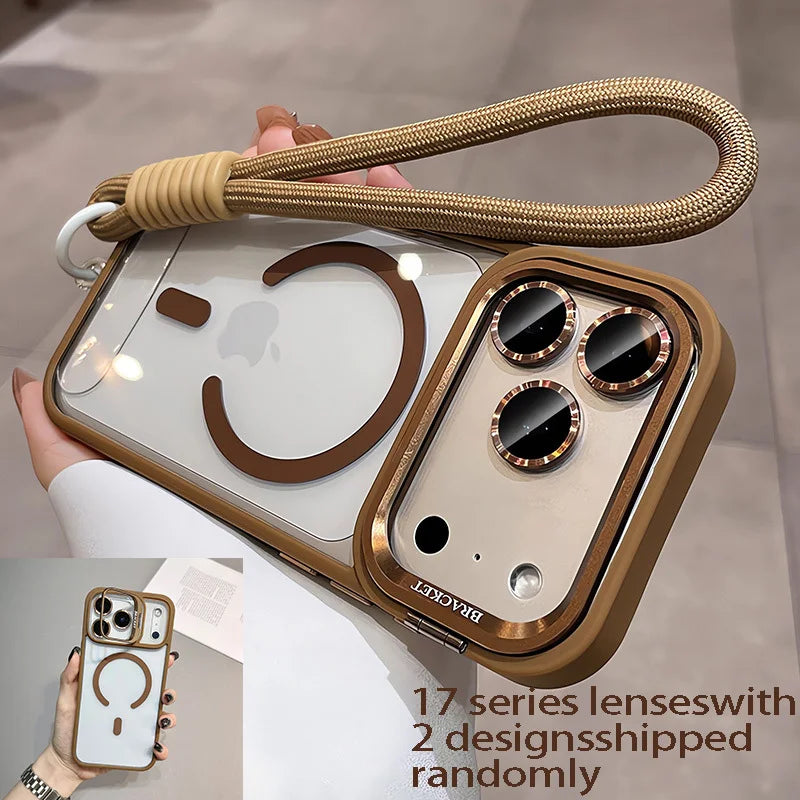 Luxury Orange Lanyard Magnetic Wireless Charging Metal Lens Holder Phone Case，CompatibleiPhone 17 Pro Max Air 16 15 14 13 12 Pro