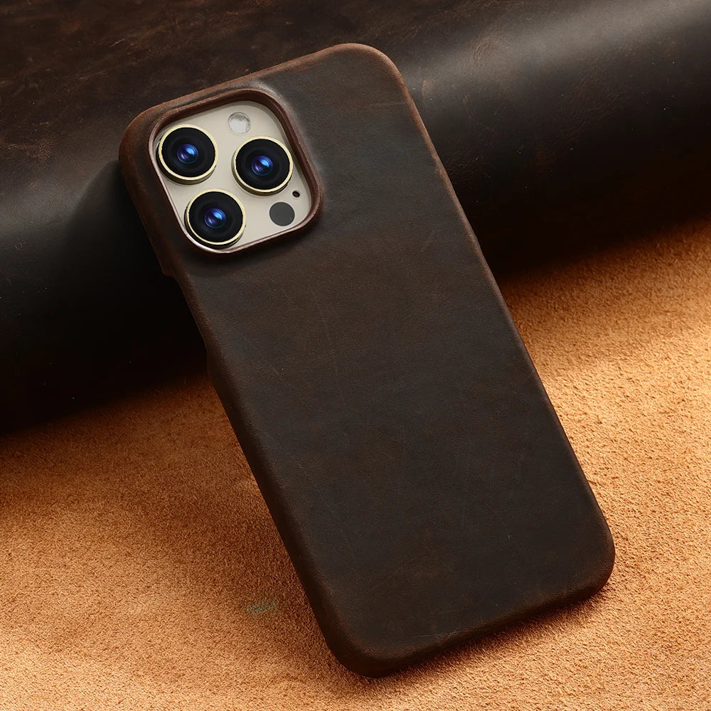 for Magsafe Case for iPhone 15 16 17 Pro Max Air Retro Luxury Full Grain Cowhide Genuine Oiled PULL-UP Leather Magnetic Cover