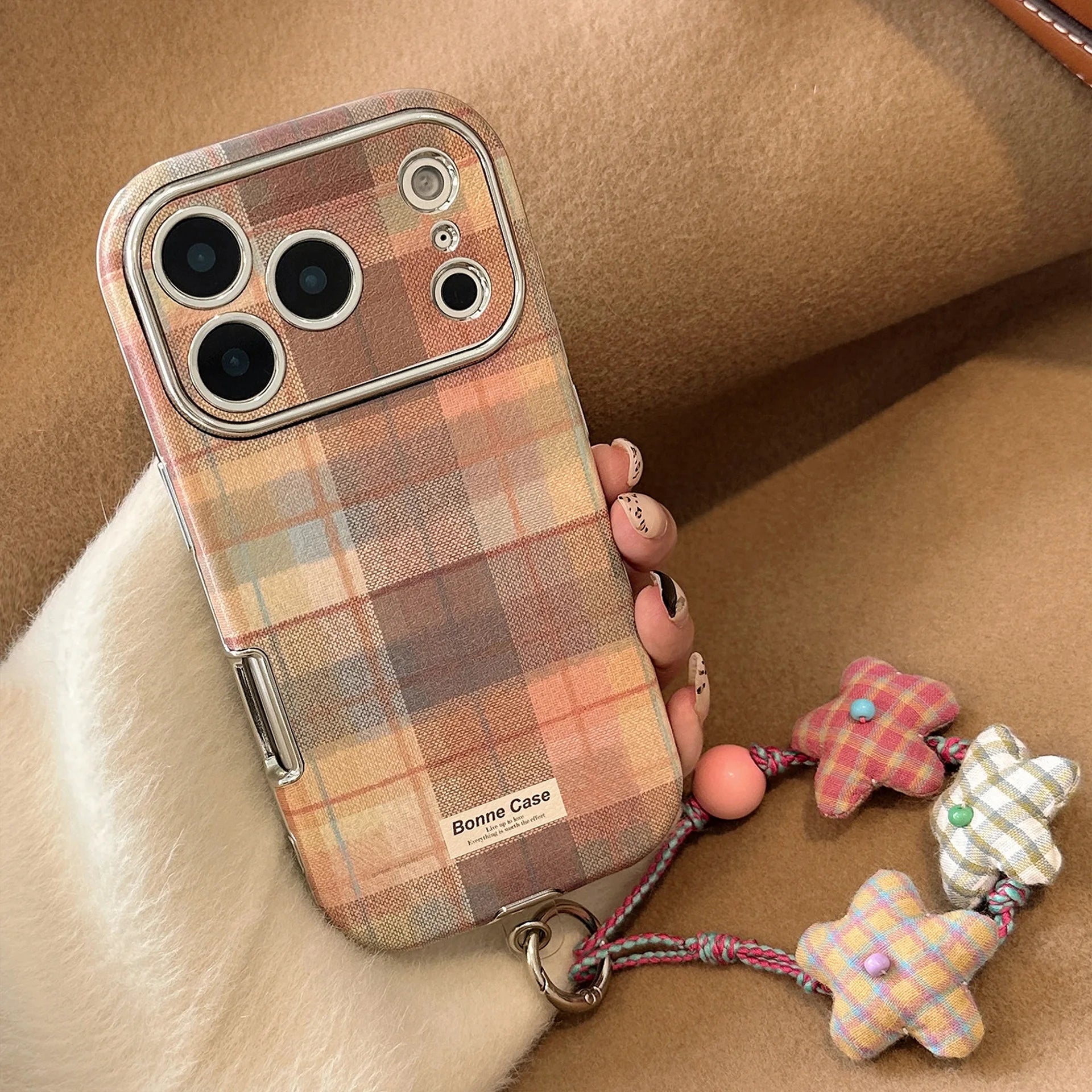 Korean Grid Pattern Cloth Texture Plating Phone Case With Stars Strap For iPhone 17 16 15 14 13 12 11 Pro Max Shockproof Cover