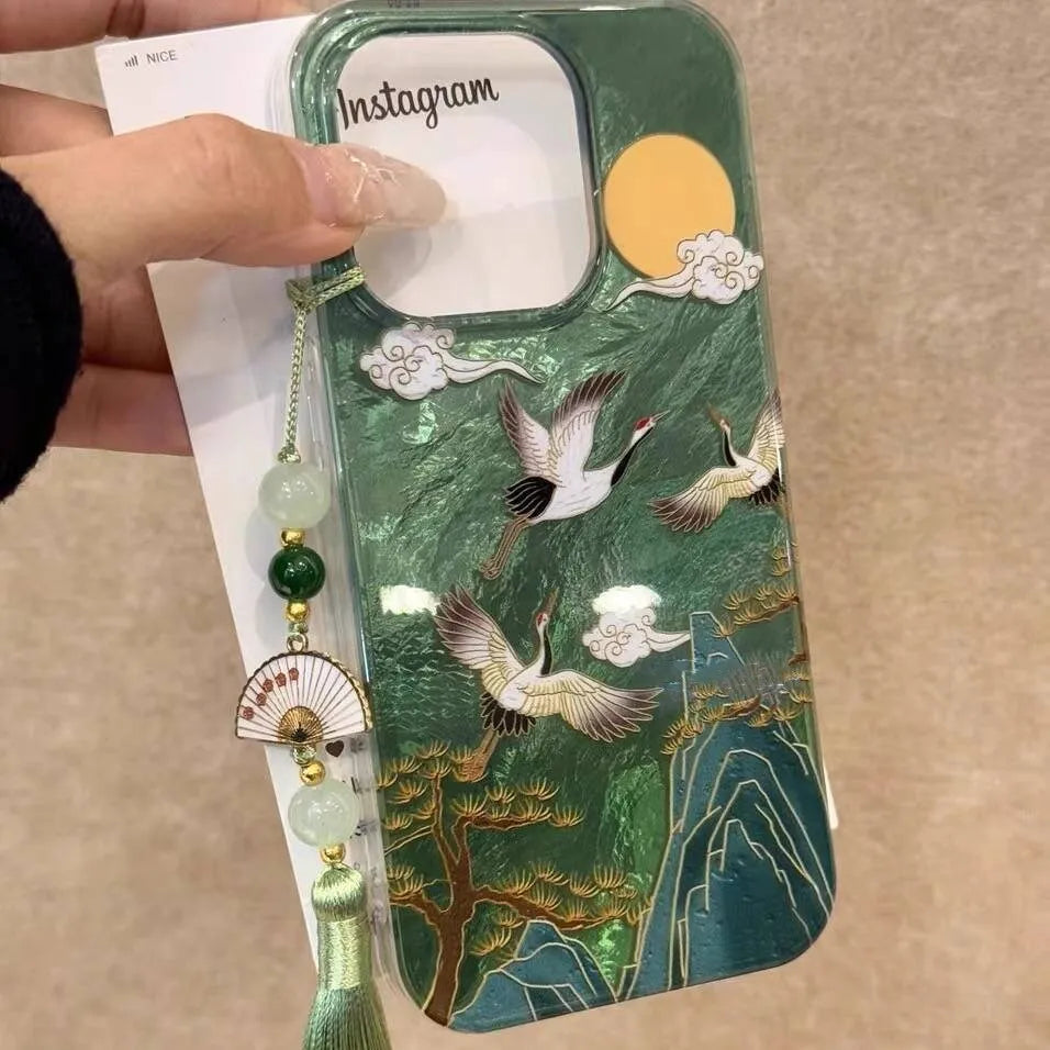 Auspicious INS Green Mountain Chinese Style Phone Case For iPhone 17AIR 17 16 15 14 13 12 11 Pro Max 7 8 Plus Mini Y2K Cover