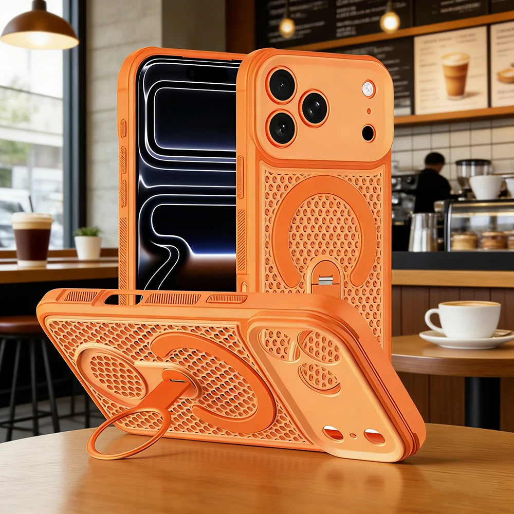Heat Dissipation Magnetic Phone Case for iPhone 17 16 15 14 13 12 11 Pro Max 17 Air 16 Plus Ring Rotating Stand Shockproof Cover