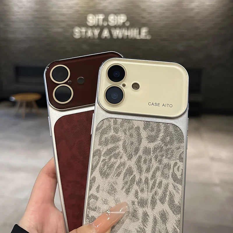Luxury Retro Leopard Pattern Case For iPhone 17 16 15 14 Pro Max 13 Shockproof Large Window Camera Glass Matte Plating Cover