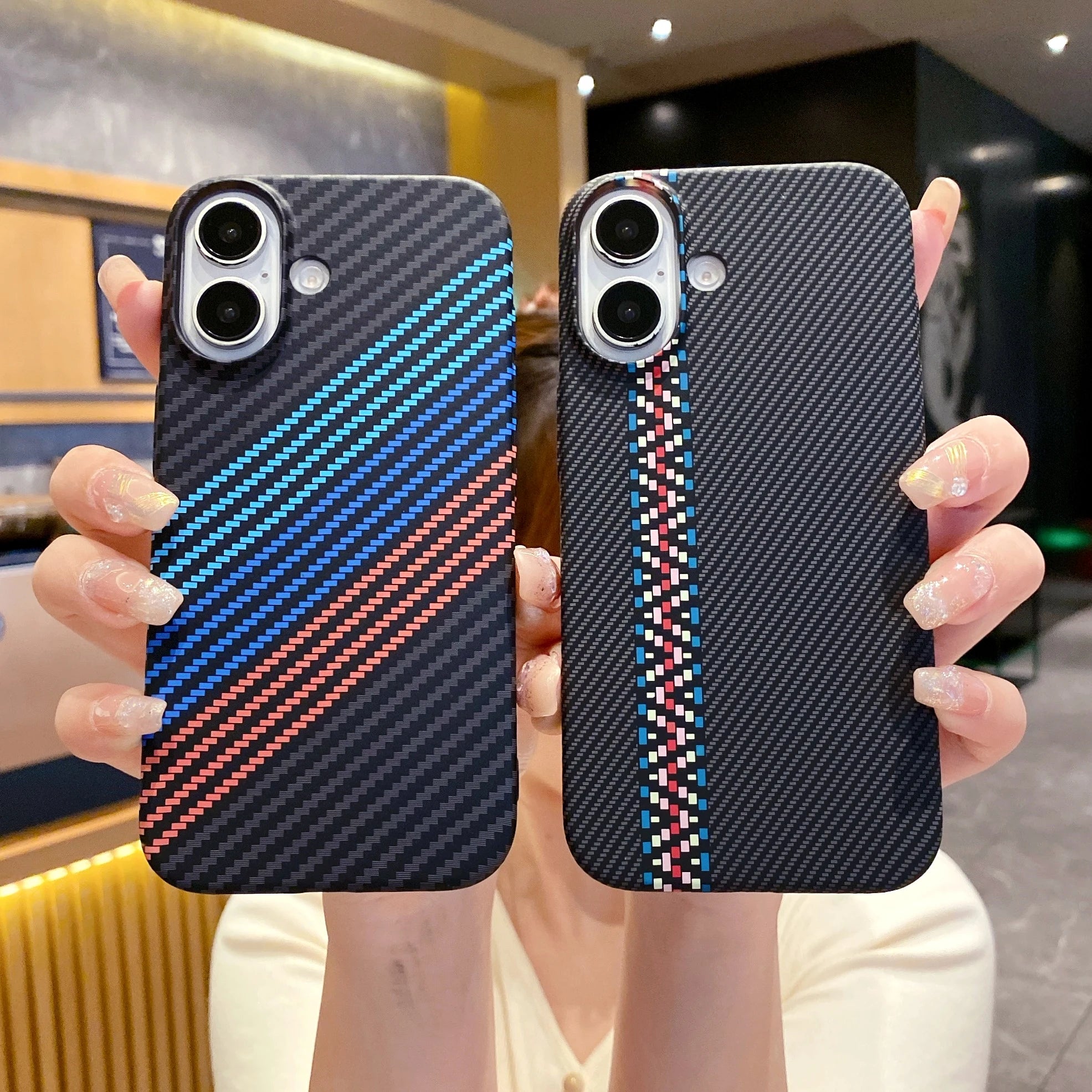 Luxury Carbon Fibre Kevlar Pattern Plastic Case For iPhone 17 Air 16 15 14 Plus 13 12 11 Pro Max Dual Color Shockproof PC Cover