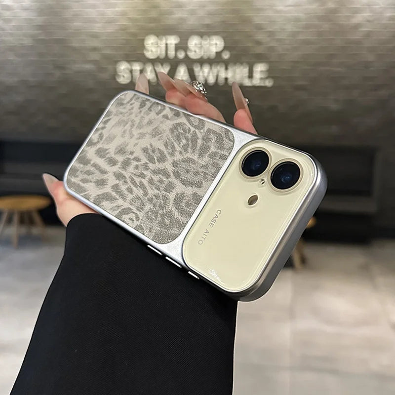 Luxury Retro Leopard Pattern Case For iPhone 17 16 15 14 Pro Max 13 Shockproof Large Window Camera Glass Matte Plating Cover