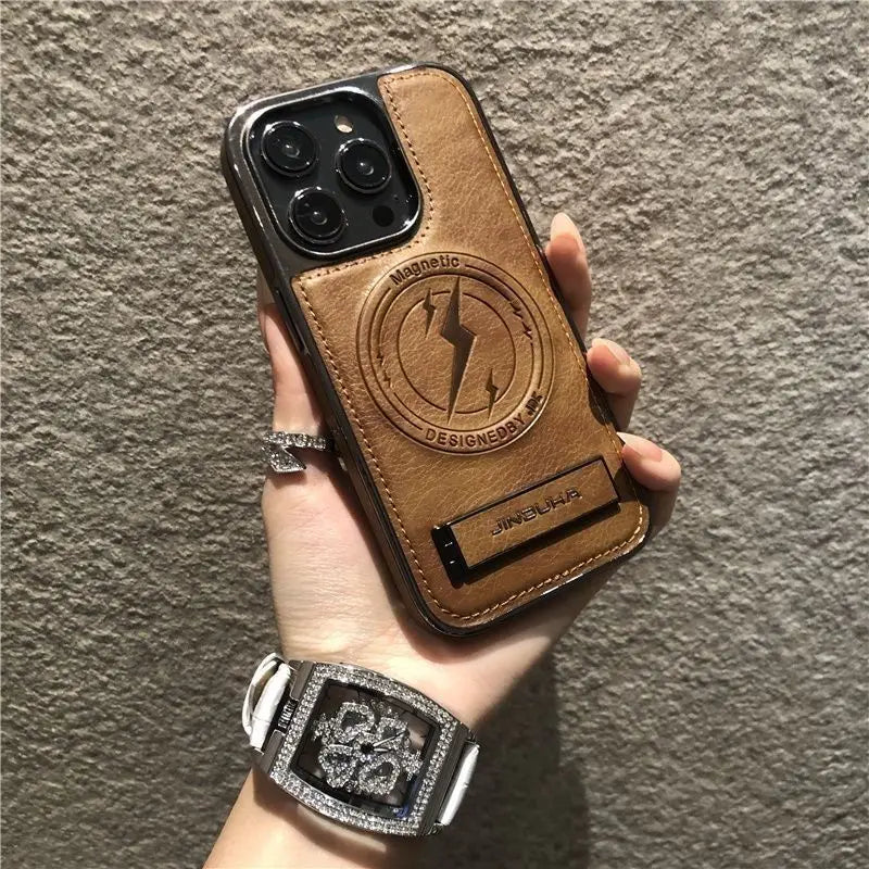 Magnetic Wireless Charging Phone PU Leather Case for iPhone 16 Pro Max 15 14 13 12 Pro Kickstand Protective Slim Cover