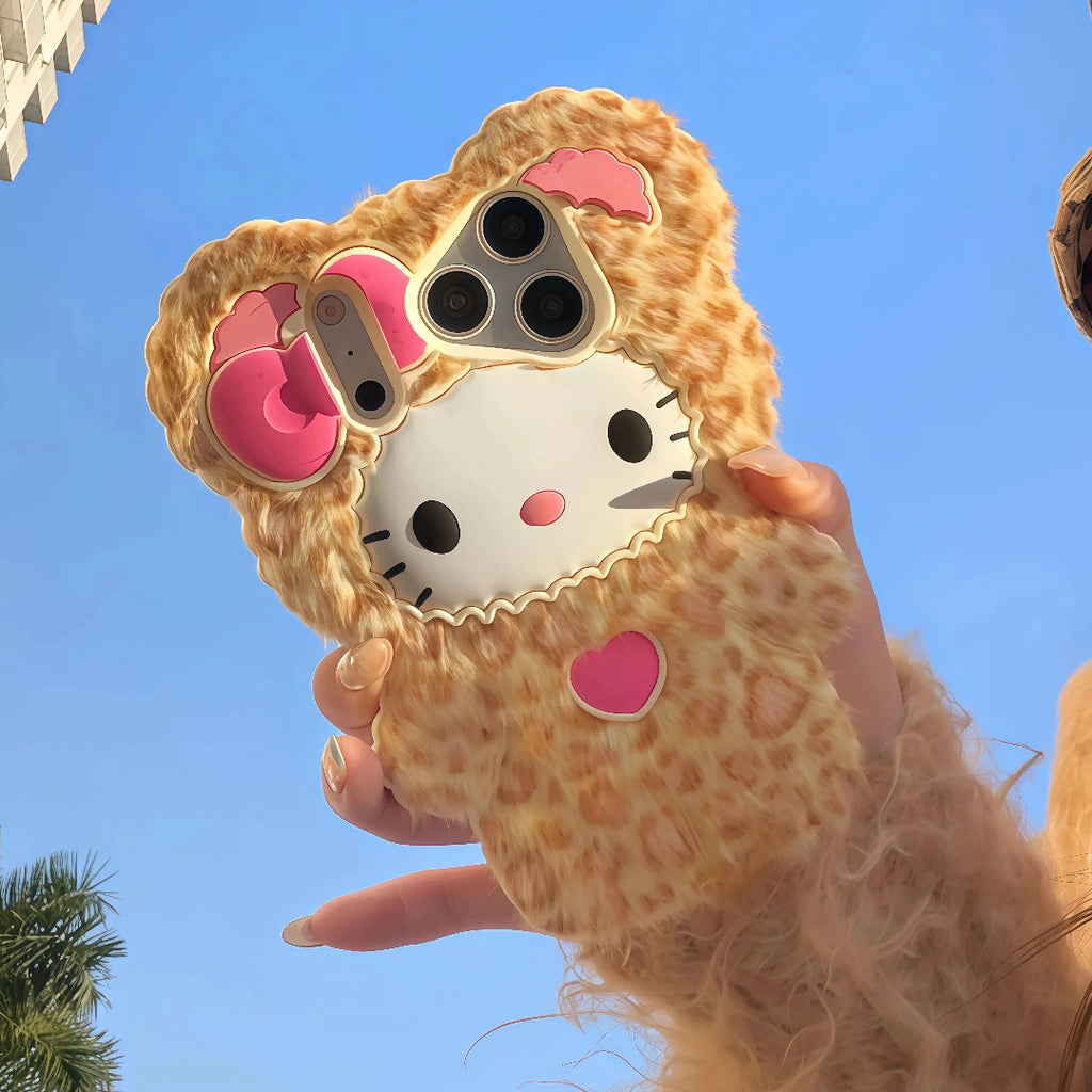 Cute Fluffy Leopard Print Hello Kitty Phone Case For iPhone 17 16 15 14 13 12 Pro Max Plus 17 Pro Cartoon Plush Kitty Back Cover