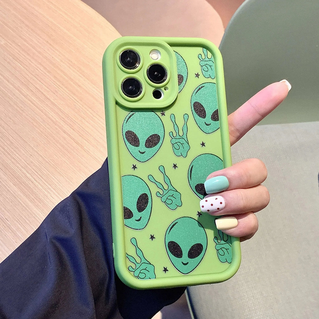Alien graphic phone case for iPhone 17 Air 16 Pro Max 15 14 13 12 Mini  11 x XR Xs  8 7 plus pro Max mini silicone back cover