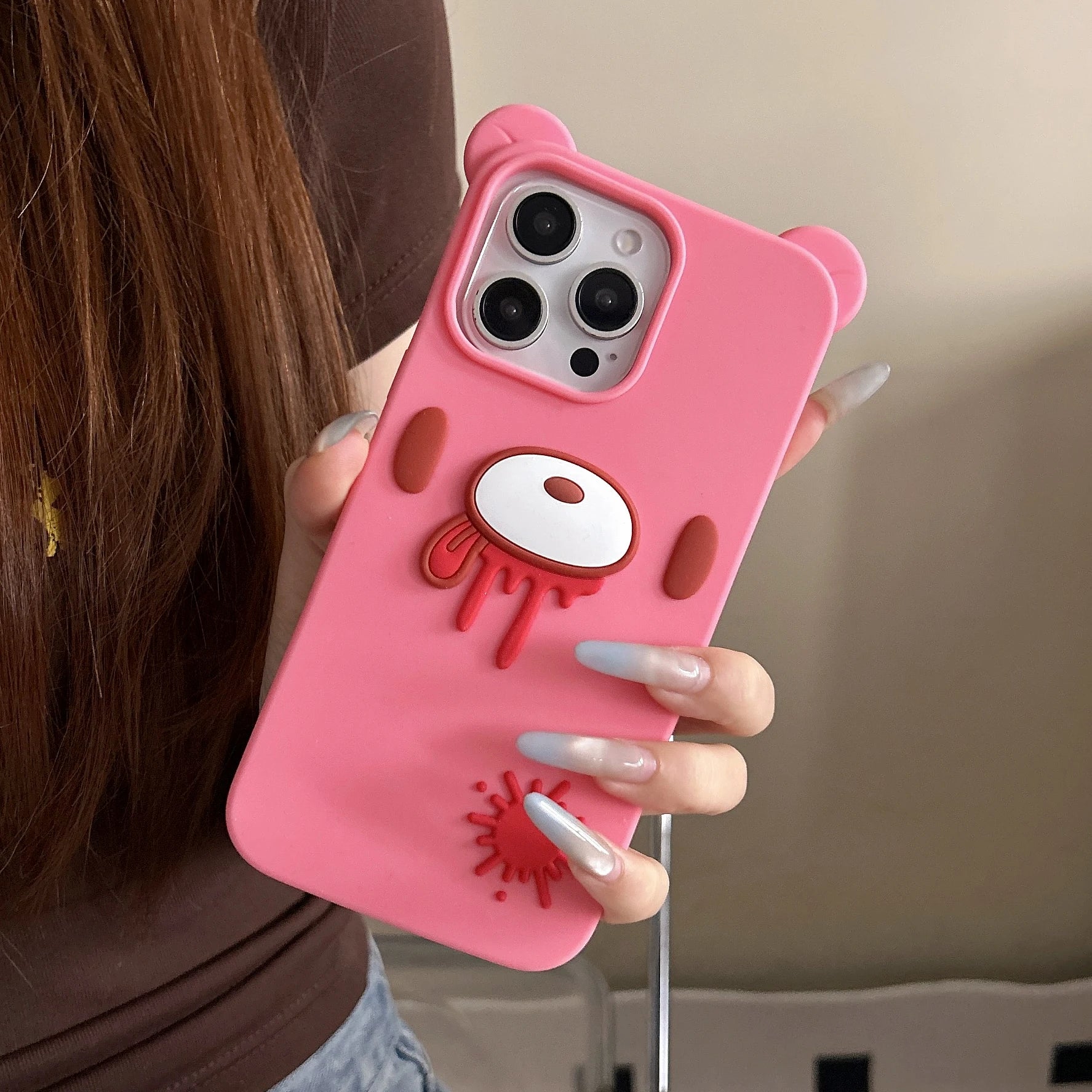 For iPhone 17Pro Max 16 Plus 15 14 13 12 Pro Max Phone Case 3D Cartoon Cute Unique Bloody Design Gothic Bear Soft Silicone Cover