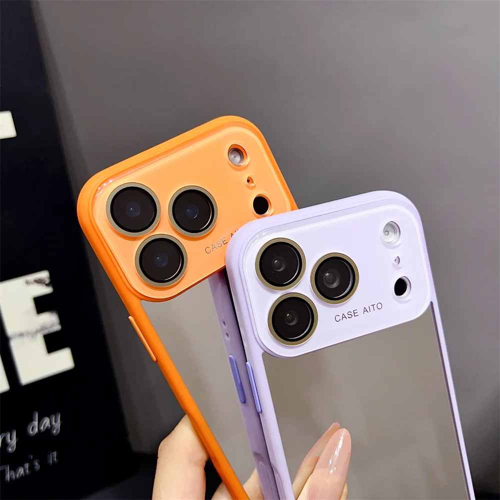 for iPhone 17Pro Fashion Mirror Big Window Phone Case for iPhone 15 16 17 Pro Max 14 13 Make Up With Lens Film Shockproof Cover