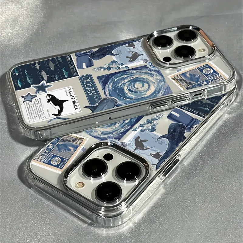 Blue Ocean Whale and Jellyfish Pattern Electroplated Lens Frame Transparent Phone Case Suitable for Iphone17 Air Pro Max Iphone16 15 14 13 12 11 Air Plus Pro Max Series