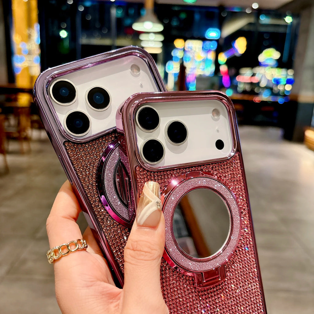 Plating Glitter Make UP Mirror Bracket Cover For iPhone 17 Air 16 15 14 Plus 11 12 13 17 Pro Max For Magsafe Diamond Phone Case