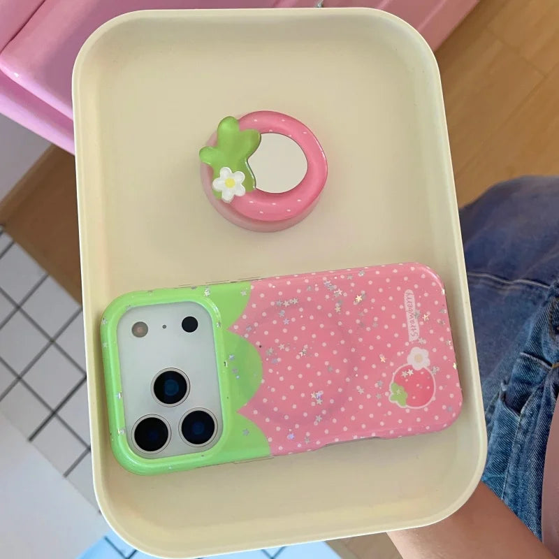 Korean Star Polka Dot Strawberry Magnetic Phone Case For iPhone 17 Pro 15 14 16 Pro Max Cover with Magsafe Stand Cute Cases Capa