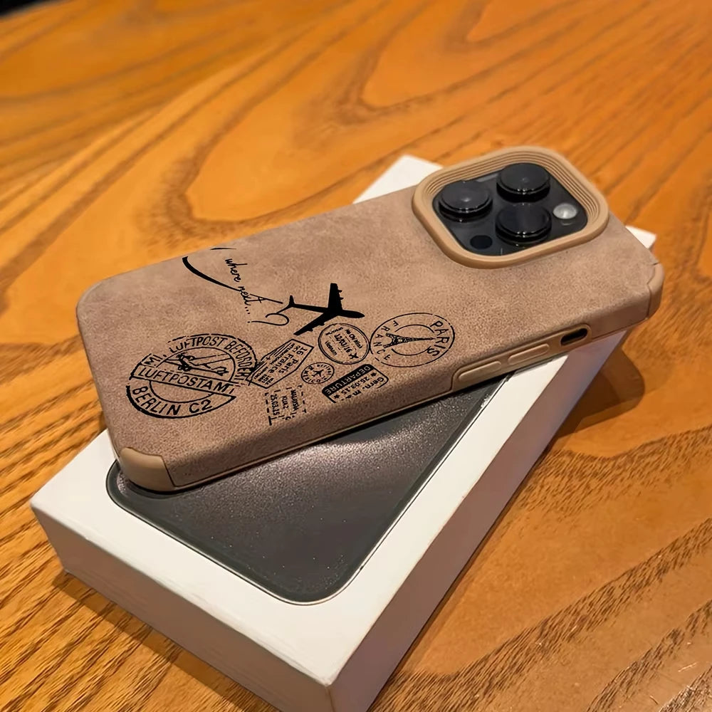 Airplane Stamp Faux Leather Phone Case For iPhone 17 16 15 14 13 12 11 Pro Max Plus X XR XS Air Shockproof Bumper Cases Cover