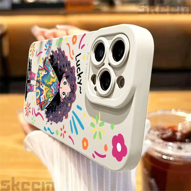 Cute Cartoon Little Girl Printed Silicone Phone Case For iPhone 16 Pro Max 15 14 13 12 11 7 8 Plus XR X XS 16E Soft Cover
