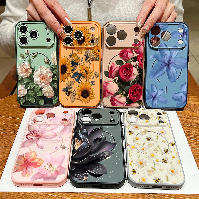 Realistic Flower Pattern Magnetic Case For iPhone 17 16 15 14 13 Pro Max For Magsafe Wireless Charge Shockproof Hard Phone Cover