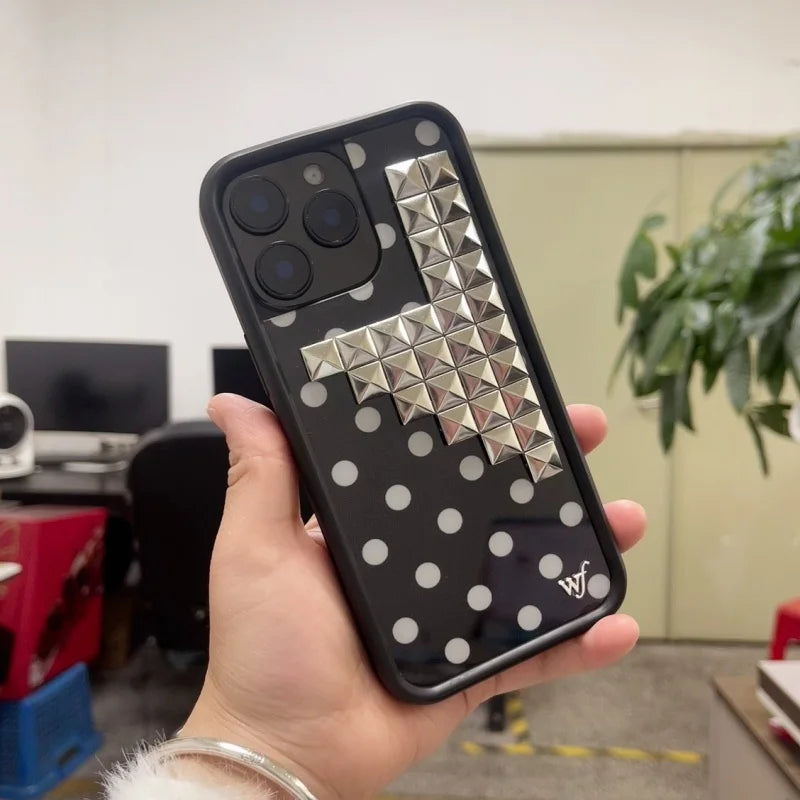 Wildflower 3D silver solid rivet Black white brown yellow Polka Dots Phone case For iPhone 13 12 14 15 16 17 Pro Max Plus Cover﻿