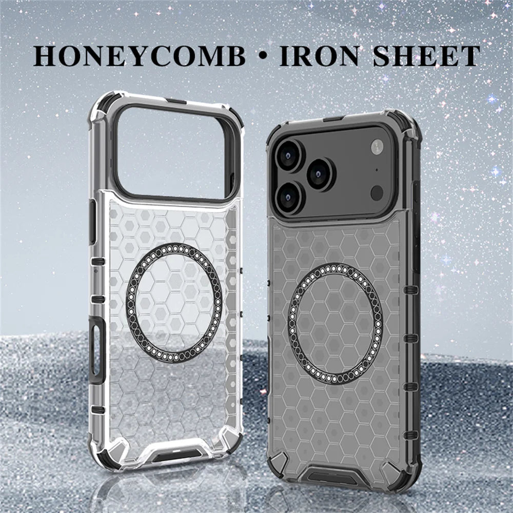 Luxury Clear Honeycomb Armour Magnetic Case for iPhone 17 Air 16 15 14 13 12 11 Pro Max 16E Shockproof Bumper Protective Cover