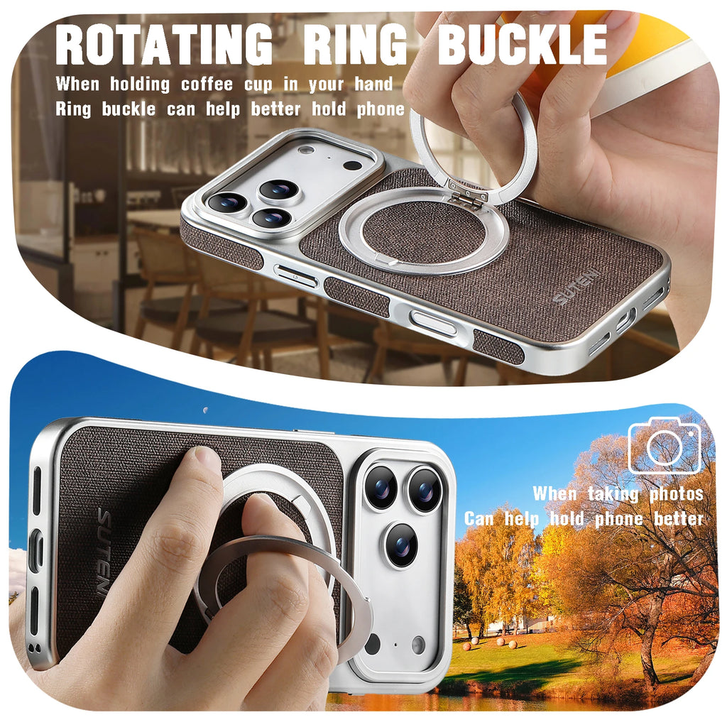 SUTENI Faux Leather Magnet Wireless Charging Phone Case 360° Rotating Stand Ring Buckle Frosted Feel For iPhone 17 Pro Max 16 15