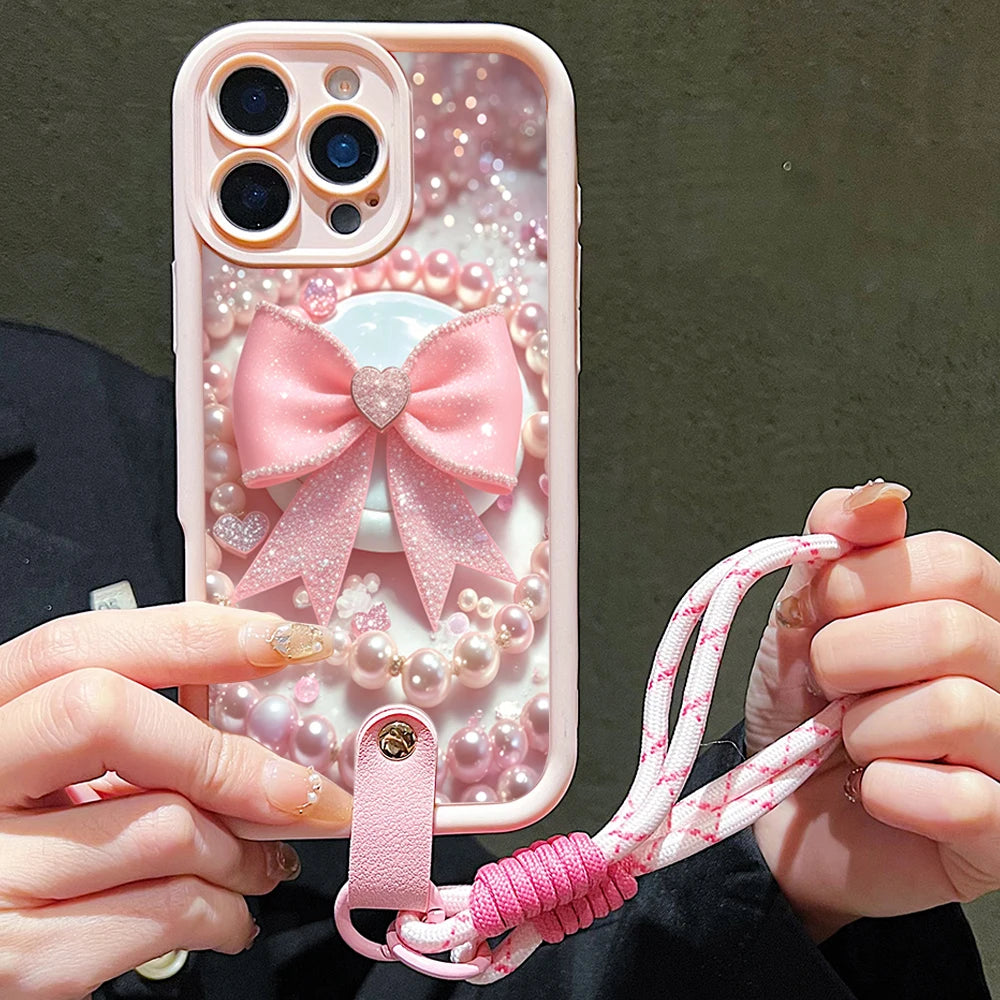 Pink Bow With Pearl Pattern Hand Strap Lanyard Phone Case For iPhone 11 12 13 14 15 16 17 Pro Max Plus 17Air XS X XR 16E Cover