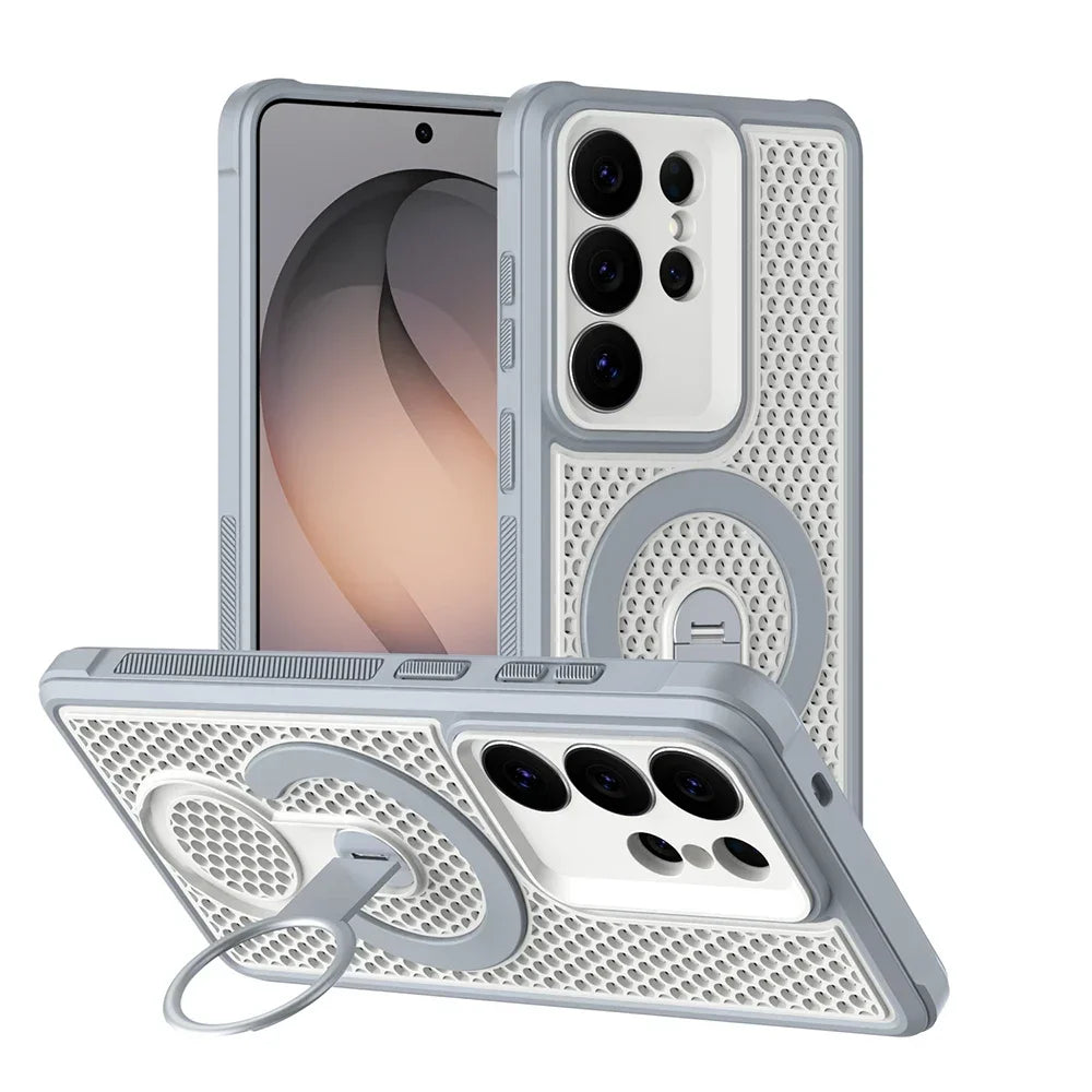 360° rotating bracket magnetic phone case for Samsung Galaxy S26 S25 S24 S23 FE Plus Ultra breathable shockproof bumper cover