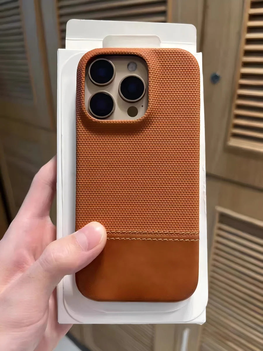 Business Splice Leather Nylon Fabric Case For iPhone 17 Air 16 15 14 Plus 13 12 Pro Max Frameless Cooling Matte Shockproof Cover