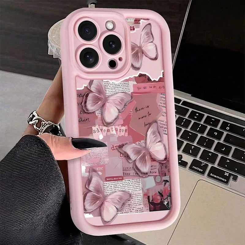 Pink Cute Butterfly Silicone Soft Phone Case For iPhone 17 16PRO 15 14 13 12 11PROMAX Shockproof Candy Cover